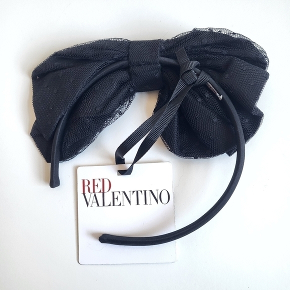 New Red Valentino Point D\'esprit Tulle Side Maxi Bow Black Headband New With Tag